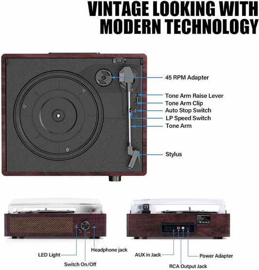 Vintage Gramophone Record Player – Built-in Speakers, USB, FM Radio